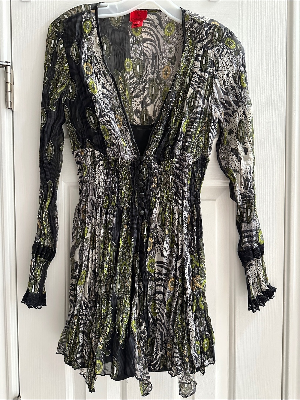 Y2K Boho Crinkle Mesh Mini Sheer Dress Lace Small Festival Fairygrunge Ethereal